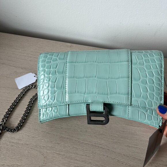 NWT Balenciaga Wallet On Chain Green Acqua Shiny Croc Embossed Leather - Picture 11 of 11